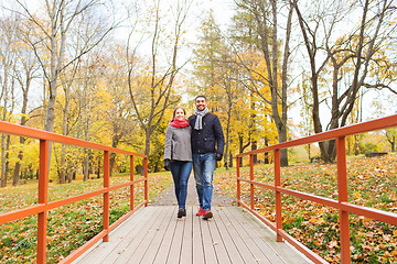 Image showing smiling couple hugging on bridge in autumn park