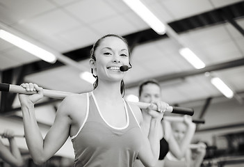 Image showing group of smiling people working out with barbells