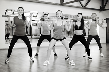 Image showing group of smiling people working out with barbells