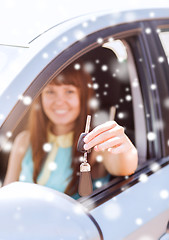 Image showing close up of smiling woman with car key outdoors