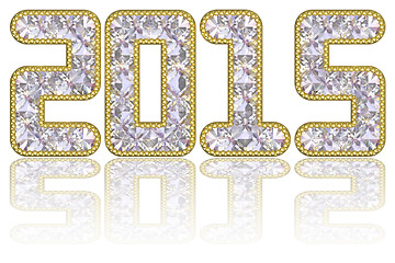 Image showing 2015 digits composed of gems in golden rim on glossy white background