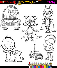 Image showing children set cartoon coloring page