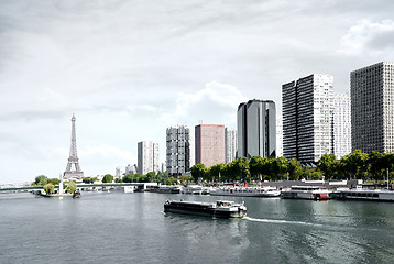 Image showing Paris, barge on the Seine and Eiffel tower