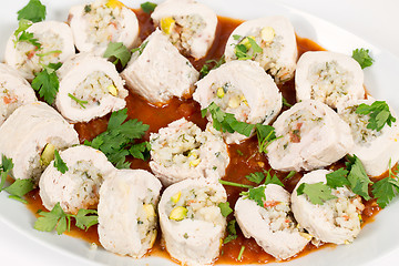 Image showing Serving dish of stuffed chicken breasts