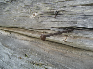 Image showing Old rusty nail on wall