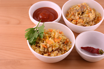 Image showing tasty vinaigrette and chinese cuisine on a white plate