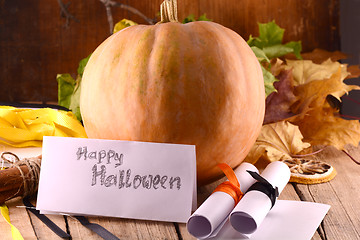 Image showing pumpkin on wooden table, happy halloween concept