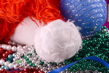 Image showing santa hat, blue balls, christmas card, close up,