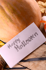 Image showing pumpkin on wooden table, happy halloween concept