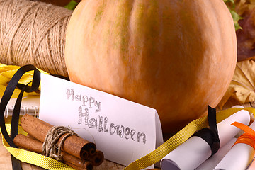 Image showing pumpkin on wooden table, happy halloween concept