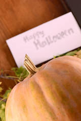 Image showing pumpkin on wooden table, happy halloween concept