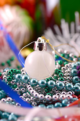 Image showing white christmas balls, new year decoration, close up