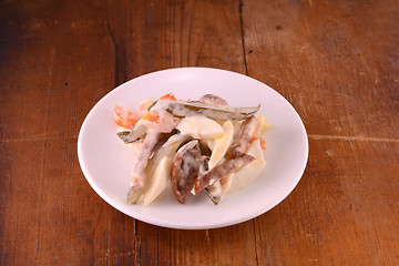 Image showing Healthy salad with fresh vegetables on wooden background