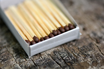 Image showing wooden matches in a box, close up