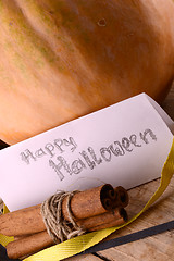 Image showing pumpkin on wooden table, happy halloween concept