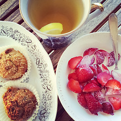 Image showing Cup of tea with pastry and strawberries