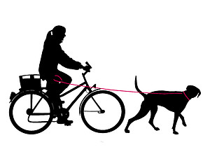 Image showing Woman on bicycle with dog on leash