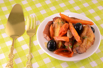 Image showing fresh salad with olives sausage carrot