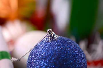 Image showing Christmas balls, new year decoration with champagne bottle