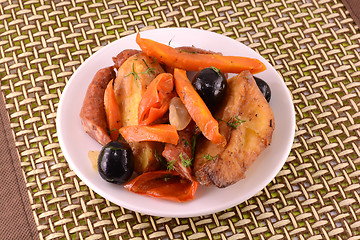 Image showing Salad with sausage, cheese, carrots, over white plate