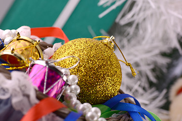 Image showing Christmas decorations, new year invitation card, drums and xmas balls