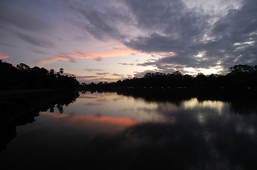 Image showing Moat of Angkor Wat at sunset