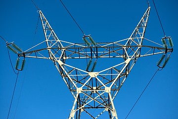 Image showing Large transmission towers at sunset