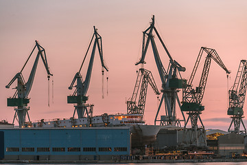 Image showing Industrial cargo cranes in the dock