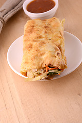 Image showing Burrito on white plate with sauce on wooden background