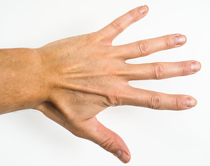 Image showing Male person showing five fingers towards a grey scale wall