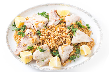 Image showing Lebanese fish rice and nuts from above