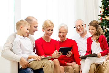 Image showing smiling family with tablet pc computers at home