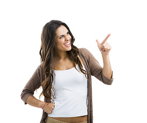 Image showing Beautiful woman pointing to something