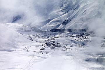 Image showing Top view on ski resort at mist