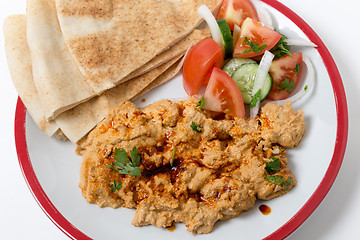 Image showing Circassian chicken with salad and bread seen from above