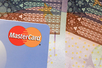 Image showing Mastercard Credit Card Sign Close Up with Euro Caash