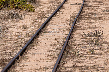 Image showing Steel Railroad Tracks on Sand Beach