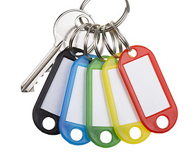Image showing One key with five tags isolated on white.
