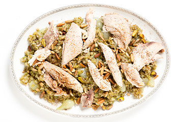 Image showing Chicken with frikeh serving dish from above