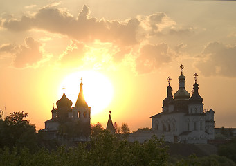 Image showing Sunset against Holy Trinity Monastery. Tyumen