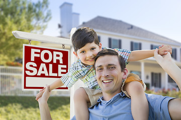 Image showing Mixed Race Father, Son Piggyback, Front of House, Sale Sign