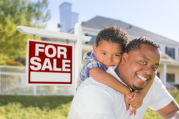 Image showing African American Father and Mixed Race Son, Sale Sign, House