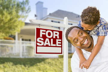 Image showing African American Father and Mixed Race Son, Sale Sign, House