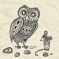 Image showing Decorative Owl and  Mouse. Cartoon illustration.