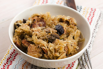 Image showing traditional polish sauerkraut (bigos) with mushrooms and plums