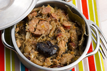 Image showing traditional polish sauerkraut (bigos) with mushrooms and plums