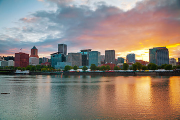 Image showing Downtown Portland cityscape at the sunset time