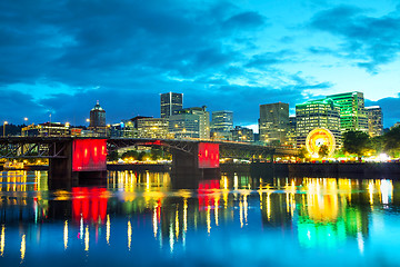 Image showing Downtown Portland cityscape at the night time