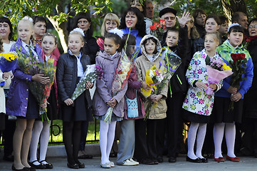 Image showing September 1. A solemn ruler of pupils in the school yard.