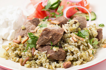 Image showing Beef with Arab frikeh closeup